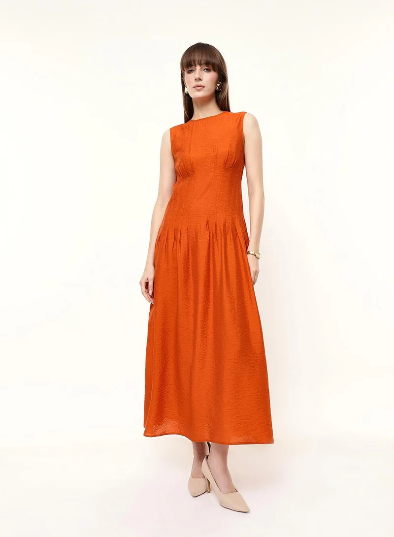 Dennis Lingo Burnt Orange Viscose Blend Solid Print Midi Shift Regular Fit Dress For Women