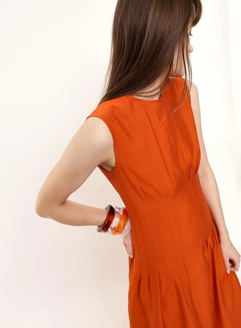 Dennis Lingo Burnt Orange Viscose Blend Solid Print Midi Shift Regular Fit Dress For Women