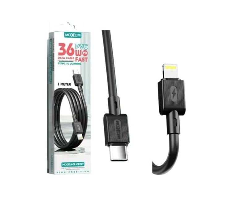 MOXOM MX-CB229 Type-C to Lightning Charging Data Cable With Efficient Transfer And Smart Design For Multi Device 1 Meter Length 36W - Black - Image 1