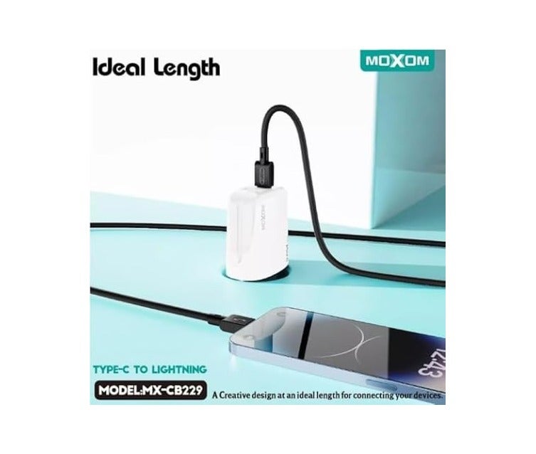 MOXOM MX-CB229 Type-C to Lightning Charging Data Cable With Efficient Transfer And Smart Design For Multi Device 1 Meter Length 36W - Black - Image 2
