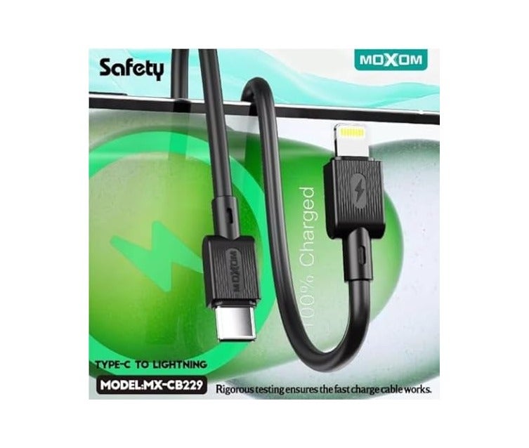 MOXOM MX-CB229 Type-C to Lightning Charging Data Cable With Efficient Transfer And Smart Design For Multi Device 1 Meter Length 36W - Black - Image 3
