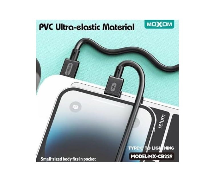 MOXOM MX-CB229 Type-C to Lightning Charging Data Cable With Efficient Transfer And Smart Design For Multi Device 1 Meter Length 36W - Black - Image 4