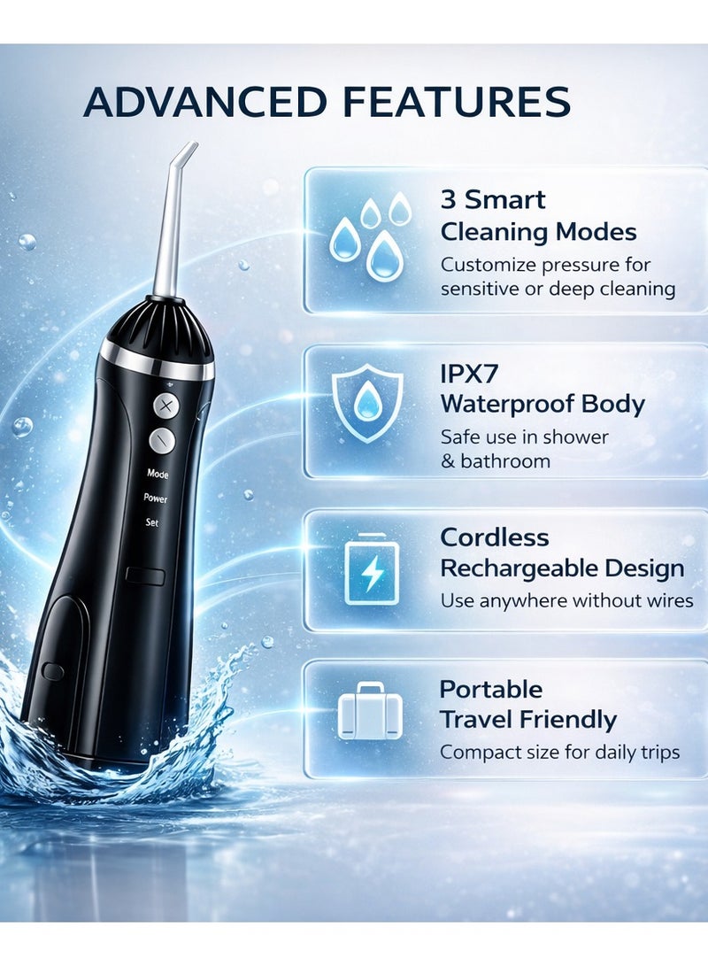 Lukadah Cordless Water Dental Flosser Oral Irrigator for Teeth Deep Cleaning, Portable Rechargeable Dental Cleaner with 4 Nozzle Tips, 3 Cleaning Modes, IPX7 Waterproof Gum Care Plaque Remover Travel Friendly Teeth Cleaner - Multicolour - Image 3