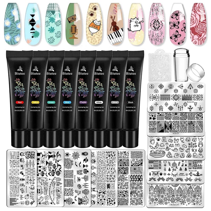 Biutee Nail Stamping Plates set 8 pcs Nail stamping polish gel 10pcs Templates with stamper Nail Art Plates set Valentine Nail Plates animal flower Rose design