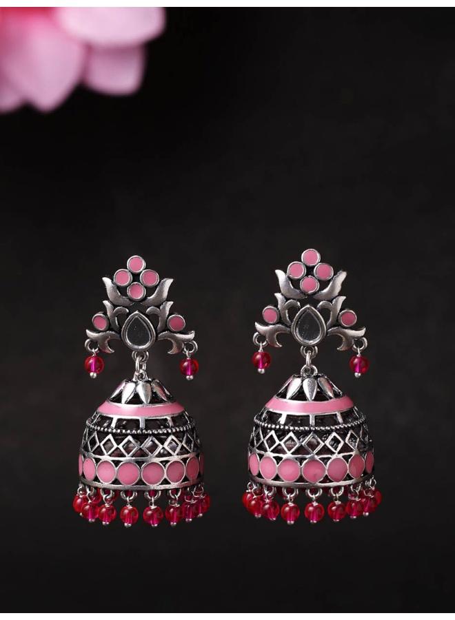VOYLLA Rangabati Pink Embellisheds Jhumka Earrings - Image 1
