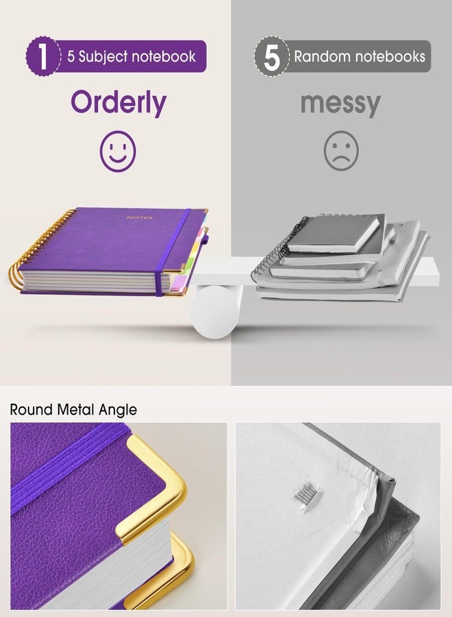dilitego Hardcover Spiral Notebook 8.5"x11" Journal with Removable Dividers Tabs, 300 Pages Leather 5 Subject Notebook College Ruled, Large Notebooks for Work School, Lined Journal for Women, A4 Dark purple - Image 4