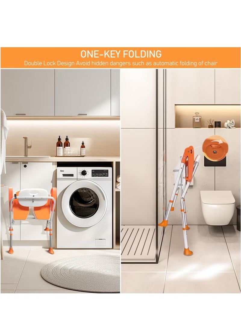 Beauenty Shower Chair with Arms and Back, Folding Shower Chair 5-Level Height, Non-Slip Feet Shower Seat Cutout for Private Washing for Elderly, Disabled, Pregnant, Adult, Foldable Shower Chair, orange - Image 3