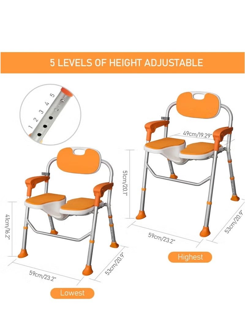 Beauenty Shower Chair with Arms and Back, Folding Shower Chair 5-Level Height, Non-Slip Feet Shower Seat Cutout for Private Washing for Elderly, Disabled, Pregnant, Adult, Foldable Shower Chair, orange - Image 2
