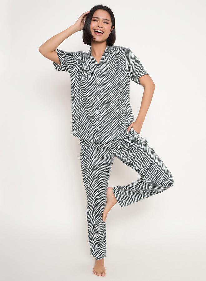 Clovia Zebra Print Button Down Shirt and Pyjama Set - Image 3