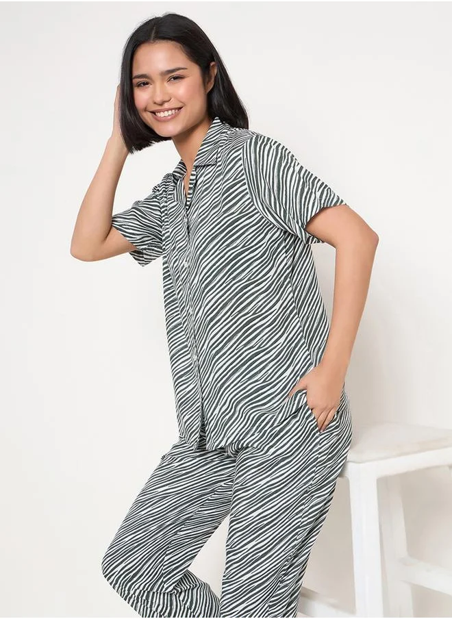 Clovia Clovia Zebra Print Button Down Shirt and Pyjama Set
