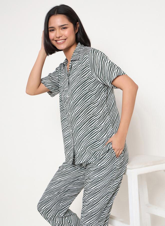 Clovia Zebra Print Button Down Shirt and Pyjama Set - Image 1