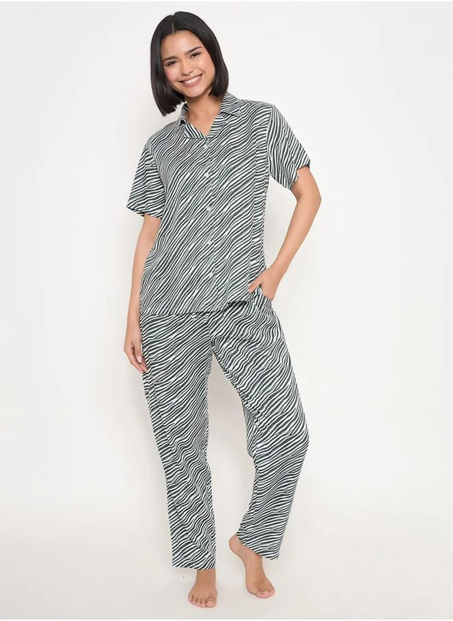 Clovia Clovia Zebra Print Button Down Shirt and Pyjama Set
