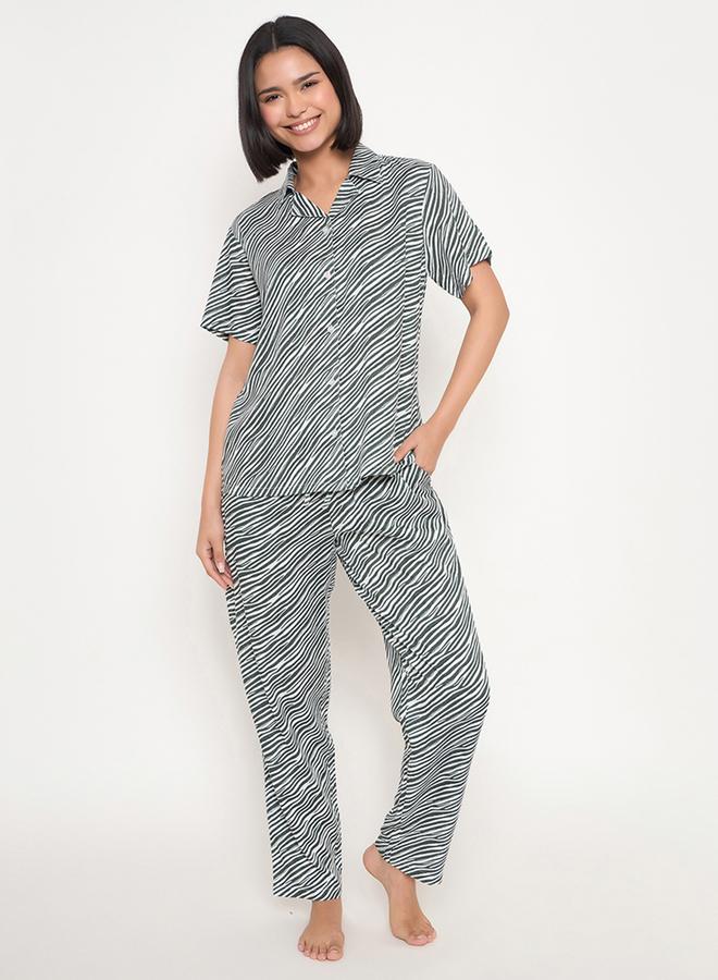 Clovia Zebra Print Button Down Shirt and Pyjama Set - Image 2