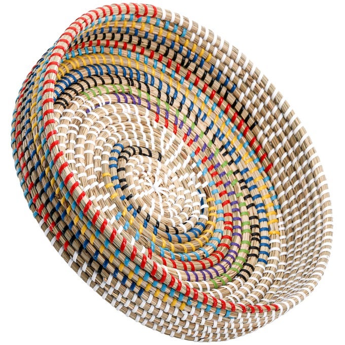 12 WOVEN SEAGRASS SERVING TRAY RATTAN SERVING TRAY HANDMADE ROUND OTTOMAN FRUIT TRAY COLORFUL COFFEE TABLE DECORATIVE TRAY FOR BREAD TEA BREAKFAST COFFEE DRINKS SNACK WALL DECOR
