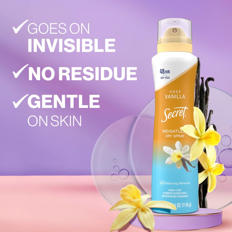 Secret مزيل العرق بخاخ سري للنساء، حماية من العرق والرائحة لمدة 48 ساعة، خفيف على البشرة، برائحة الفانيليا وزيت الأركان، 4.1 أونصة (عبوة من 3)  - Image 2