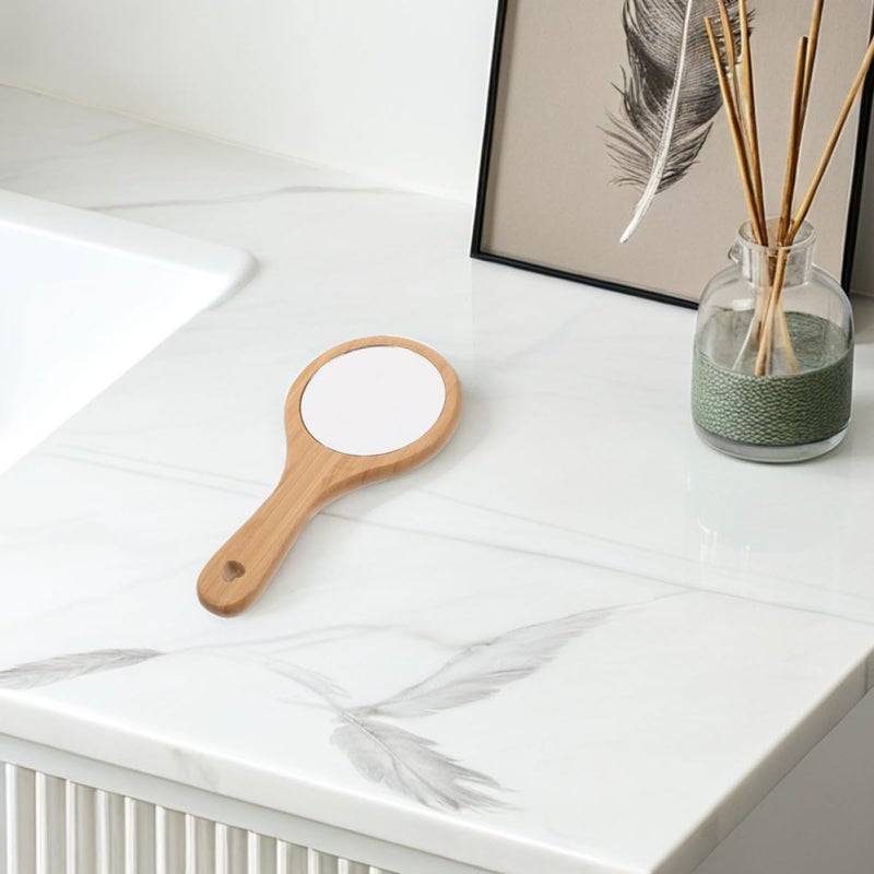 2pcs Wooden Handheld Vanity Mirrors with Handle, Portable Small Round Bathroom Makeup Mirrors for Travel and Salon Use, Light Brown Nan - Image 4