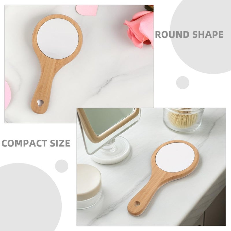 2pcs Wooden Handheld Vanity Mirrors with Handle, Portable Small Round Bathroom Makeup Mirrors for Travel and Salon Use, Light Brown Nan - Image 3