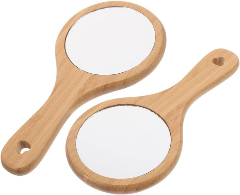 2pcs Wooden Handheld Vanity Mirrors with Handle, Portable Small Round Bathroom Makeup Mirrors for Travel and Salon Use, Light Brown Nan - Image 1