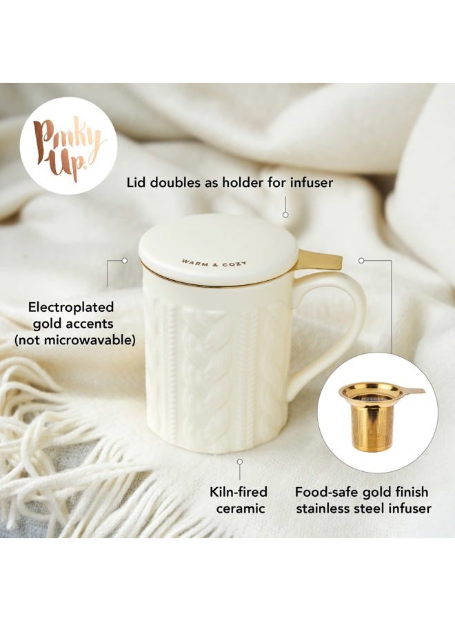 Pinky Up Annette Loose Leaf Tea Cup, Ceramic Travel Mug with Infuser and Lid, for Work, Office, Picnic, Camping, Outdoor Party, Spa Day, 12 oz, Set of 1, Knit Design - Image 2