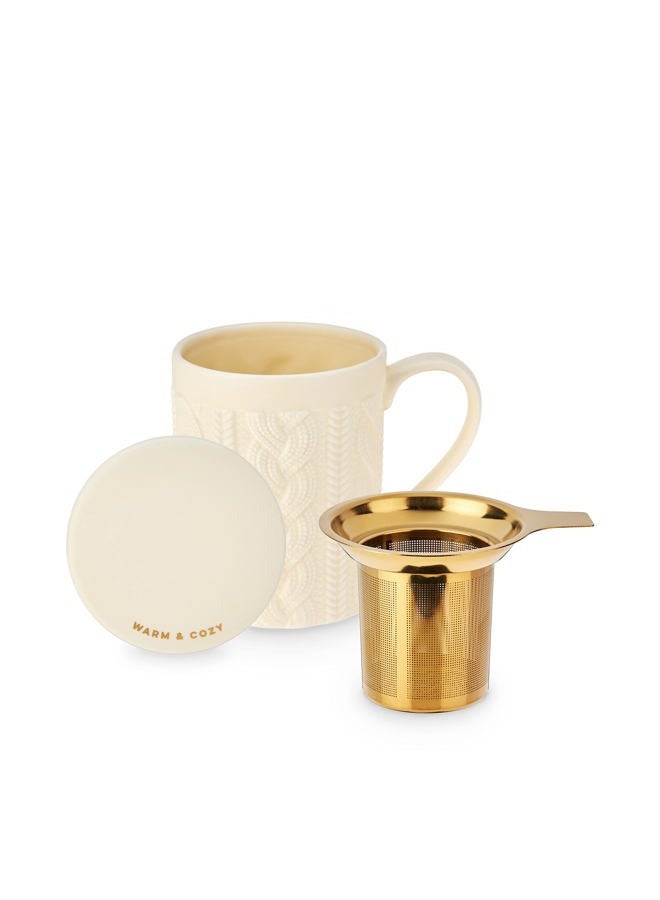 Pinky Up Annette Loose Leaf Tea Cup, Ceramic Travel Mug with Infuser and Lid, for Work, Office, Picnic, Camping, Outdoor Party, Spa Day, 12 oz, Set of 1, Knit Design - Image 1