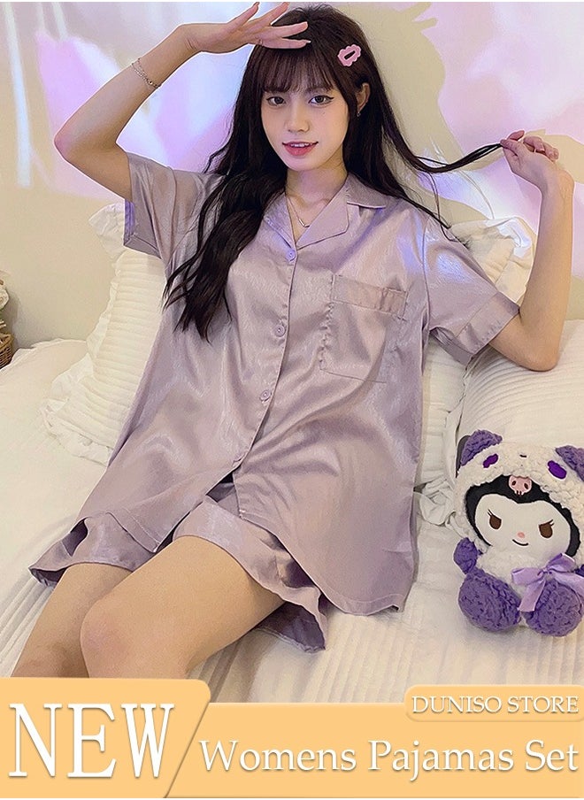 DUNISO Women's Soft Pajamas Set Silky Sleepwear 2 Piece Short sleeve Summer Pajama Set Sleepwear Night-wear Loungewear Button-Down Pajama Sets for Women's Pyjama Party Bridal Wedding  - Image 1