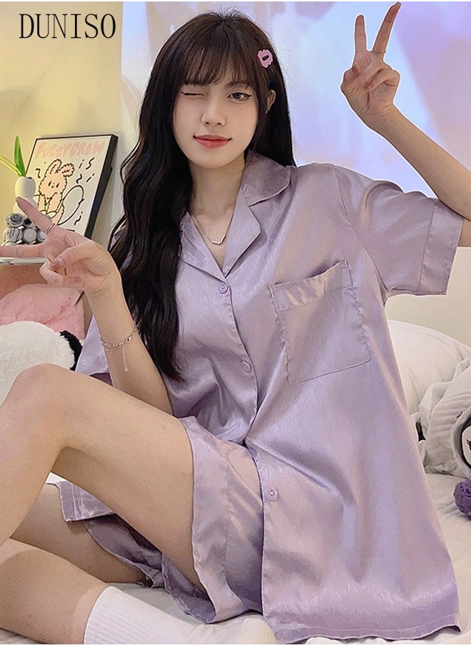 DUNISO Women's Soft Pajamas Set Silky Sleepwear 2 Piece Short sleeve Summer Pajama Set Sleepwear Night-wear Loungewear Button-Down Pajama Sets for Women's Pyjama Party Bridal Wedding  - Image 4