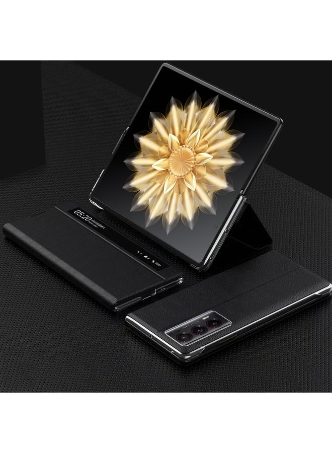 زبون جراب هاتف Honor Magic V2 الذكي المصنوع من الجلد العادي مع نافذة عرض - Image 1