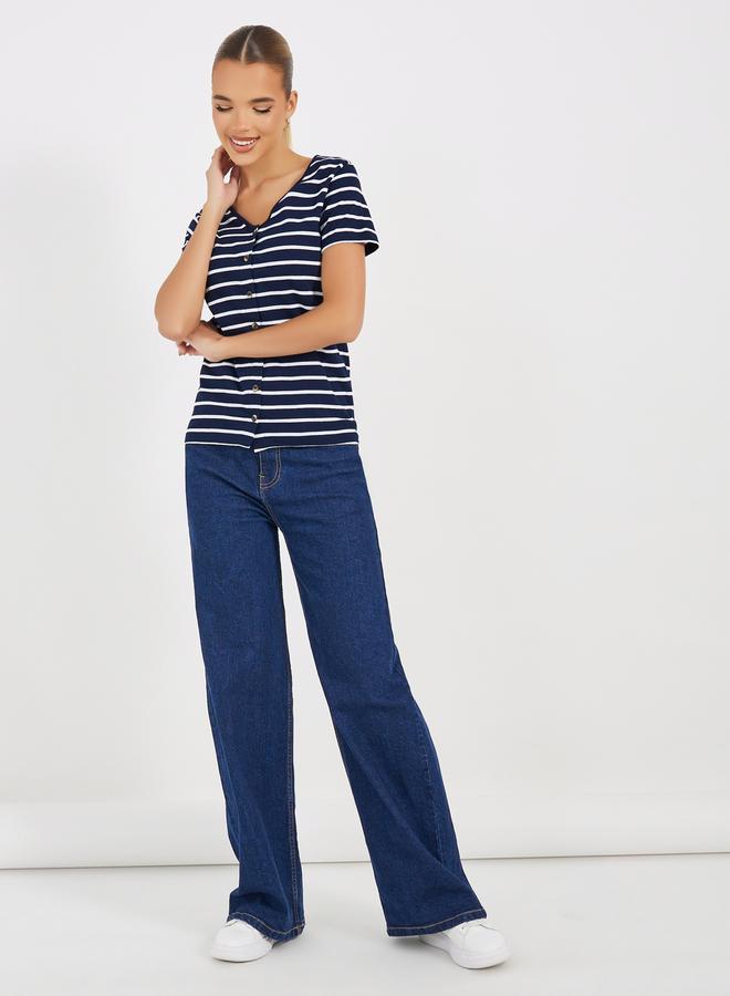 Styli Striped Knit Top with Button Placket - Image 2