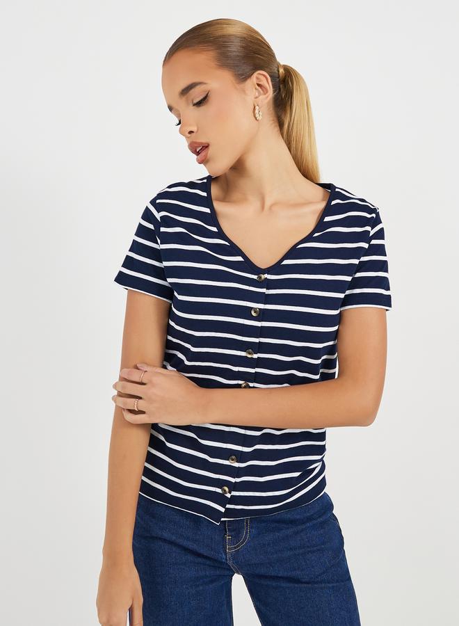 Styli Striped Knit Top with Button Placket - Image 1