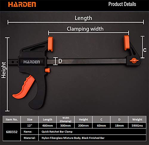 Harden 12" Quick Ratchet Bar Clamp, Heavy Duty Wood Working F Clamp, Nylon-Fiberglass mixture body - Strong Clamping - 600332 - Image 2