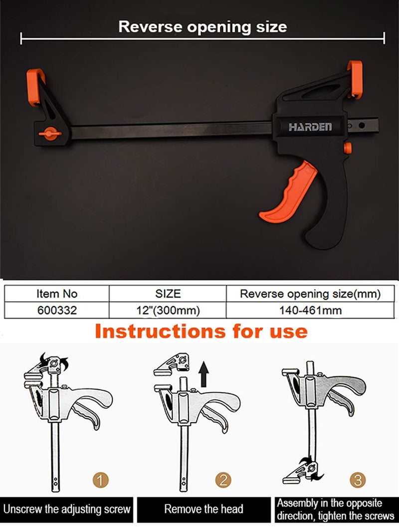 Harden 12" Quick Ratchet Bar Clamp, Heavy Duty Wood Working F Clamp, Nylon-Fiberglass mixture body - Strong Clamping - 600332 - Image 3