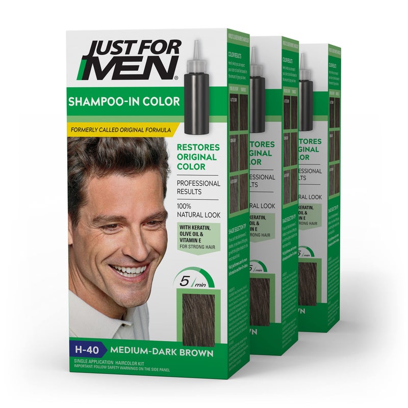 Just For Men Shampoo In Color, Hair Color for Men with Keratin and Vitamin E for Stronger Hair, Restores Natural Hair Color, Medium-Dark Brown, H-40, Pack of 3 - Image 1