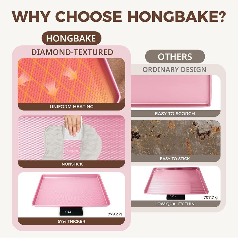 HONGBAKE 9-Piece Baking Pans Set Nonstick, Stackable Non Toxic Bakeware Sets with Diamond Texture, Oven Pan Set for Cooking, Includes Cookie Sheet with Rack, Cake Pan, Roasting Pan, Muffin Tin, Pink - Image 5