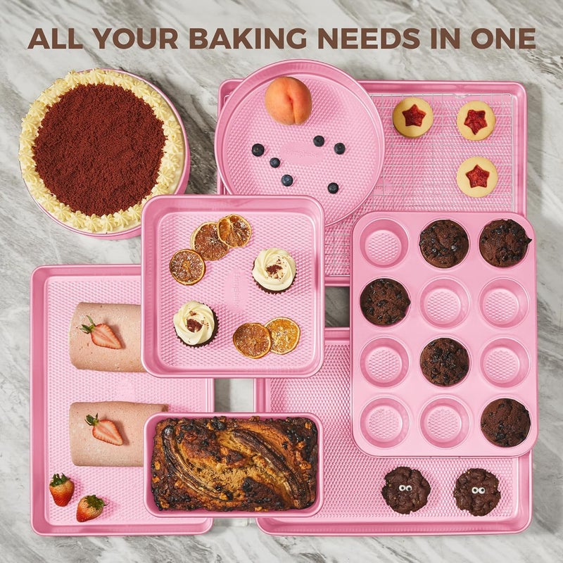 HONGBAKE 9-Piece Baking Pans Set Nonstick, Stackable Non Toxic Bakeware Sets with Diamond Texture, Oven Pan Set for Cooking, Includes Cookie Sheet with Rack, Cake Pan, Roasting Pan, Muffin Tin, Pink - Image 4
