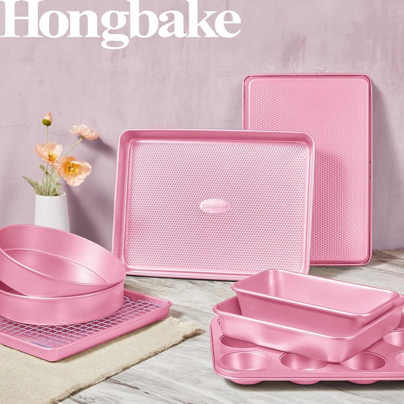 HONGBAKE 9-Piece Baking Pans Set Nonstick, Stackable Non Toxic Bakeware Sets with Diamond Texture, Oven Pan Set for Cooking, Includes Cookie Sheet with Rack, Cake Pan, Roasting Pan, Muffin Tin, Pink - Image 2