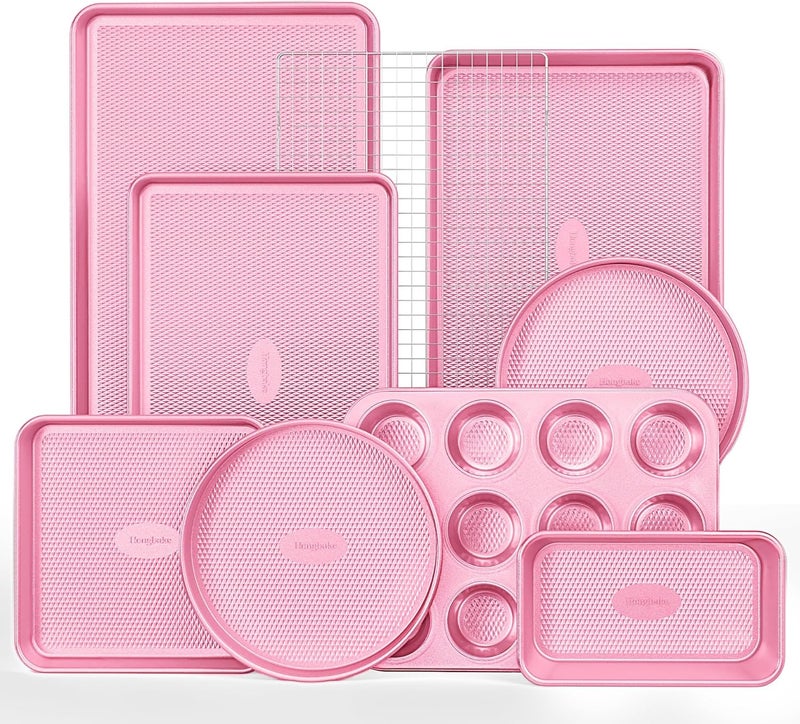 HONGBAKE 9-Piece Baking Pans Set Nonstick, Stackable Non Toxic Bakeware Sets with Diamond Texture, Oven Pan Set for Cooking, Includes Cookie Sheet with Rack, Cake Pan, Roasting Pan, Muffin Tin, Pink - Image 1