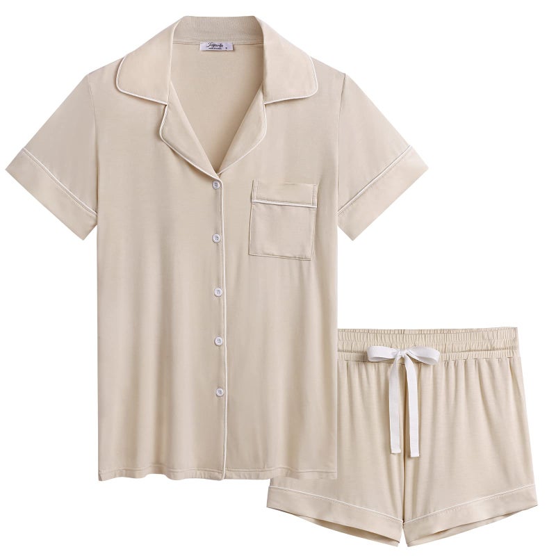 Joyaria Womens Button Down Pajama Bamboo Viscose Pajamas Sets Sleepwear for Summer(Cream,Large) - Image 1