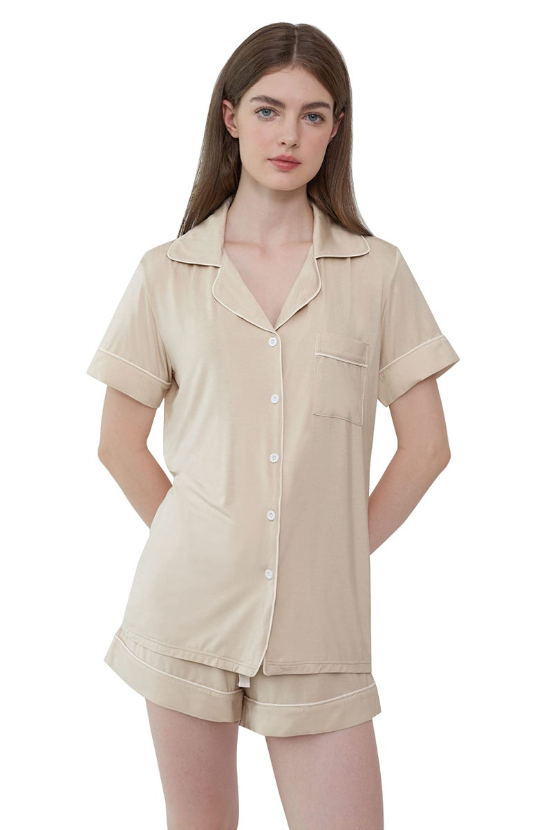 Joyaria Womens Button Down Pajama Bamboo Viscose Pajamas Sets Sleepwear for Summer(Cream,Large) - Image 5