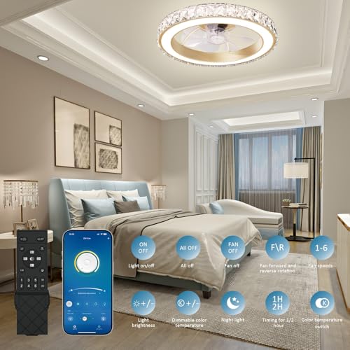 Aipsun Low Profile Modern Crystal Chandelier Ceiling Fans with Lights and Remote, 3000K-6500K Smart Bladeless LED Fan Light, 18" Gold Modern Ceiling Fans with Lights for Bedroom - Image 3
