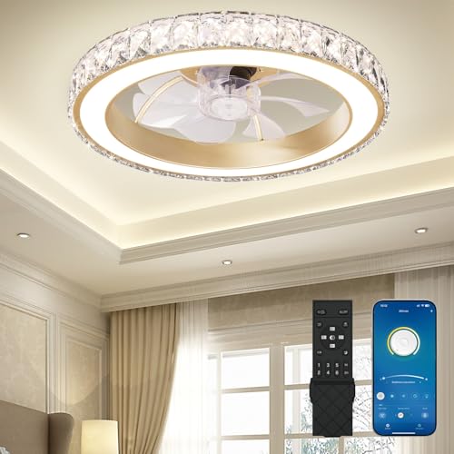 Aipsun Low Profile Modern Crystal Chandelier Ceiling Fans with Lights and Remote, 3000K-6500K Smart Bladeless LED Fan Light, 18" Gold Modern Ceiling Fans with Lights for Bedroom - Image 1