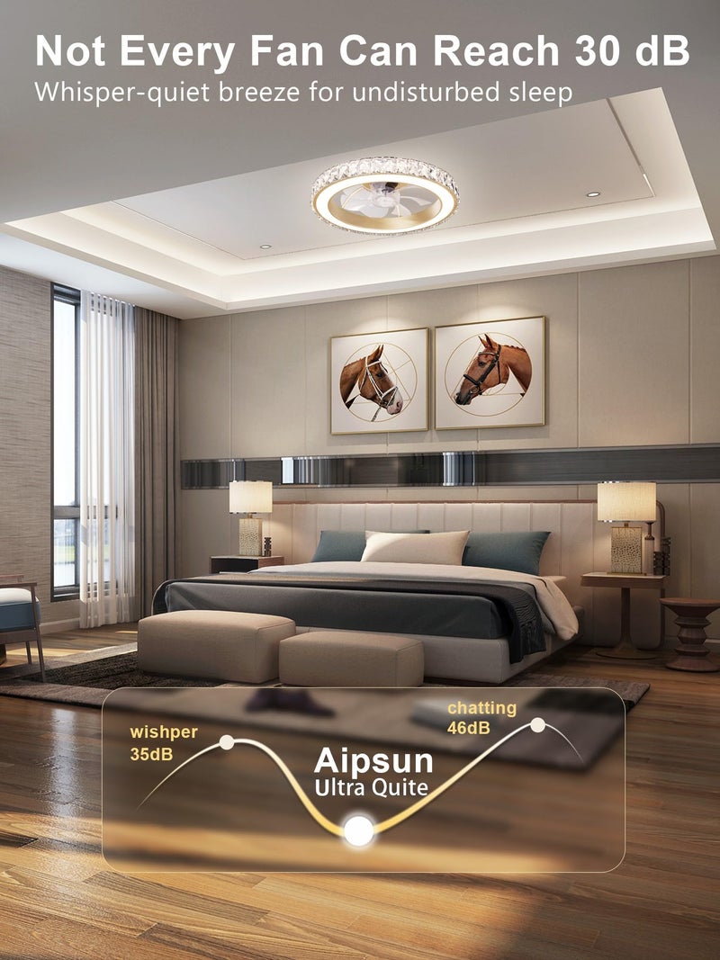 Aipsun Low Profile Modern Crystal Chandelier Ceiling Fans with Lights and Remote, 3000K-6500K Smart Bladeless LED Fan Light, 18" Gold Modern Ceiling Fans with Lights for Bedroom - Image 4