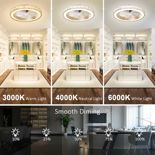 Aipsun Low Profile Modern Crystal Chandelier Ceiling Fans with Lights and Remote, 3000K-6500K Smart Bladeless LED Fan Light, 18" Gold Modern Ceiling Fans with Lights for Bedroom - Image 5