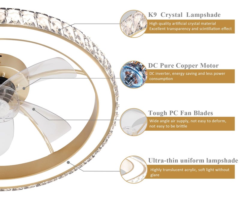 Aipsun Low Profile Modern Crystal Chandelier Ceiling Fans with Lights and Remote, 3000K-6500K Smart Bladeless LED Fan Light, 18" Gold Modern Ceiling Fans with Lights for Bedroom - Image 2