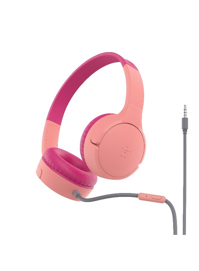 Belkin SoundForm Mini Kids Wired Headphones with USB-C to 3.5mm Dongle, Built-in Mic & Fun Stickers, 85dB Max Volume – for Online Learning, Travel, Compatible with iPhone, iPad, Galaxy, etc - Pink Pink - Image 1