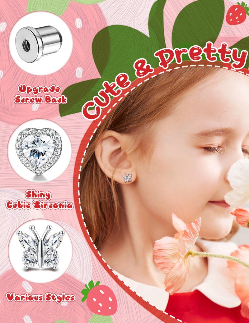 THUNARAZ Hypoallergenic Screw Back Earrings for Girls Women Surgical Stainless Steel Stud Earrings for Sensitive Ears Cute Butterfly Flower Heart CZ Earring Kid Toddler Girls Jewelry Gift 12 - Image 3