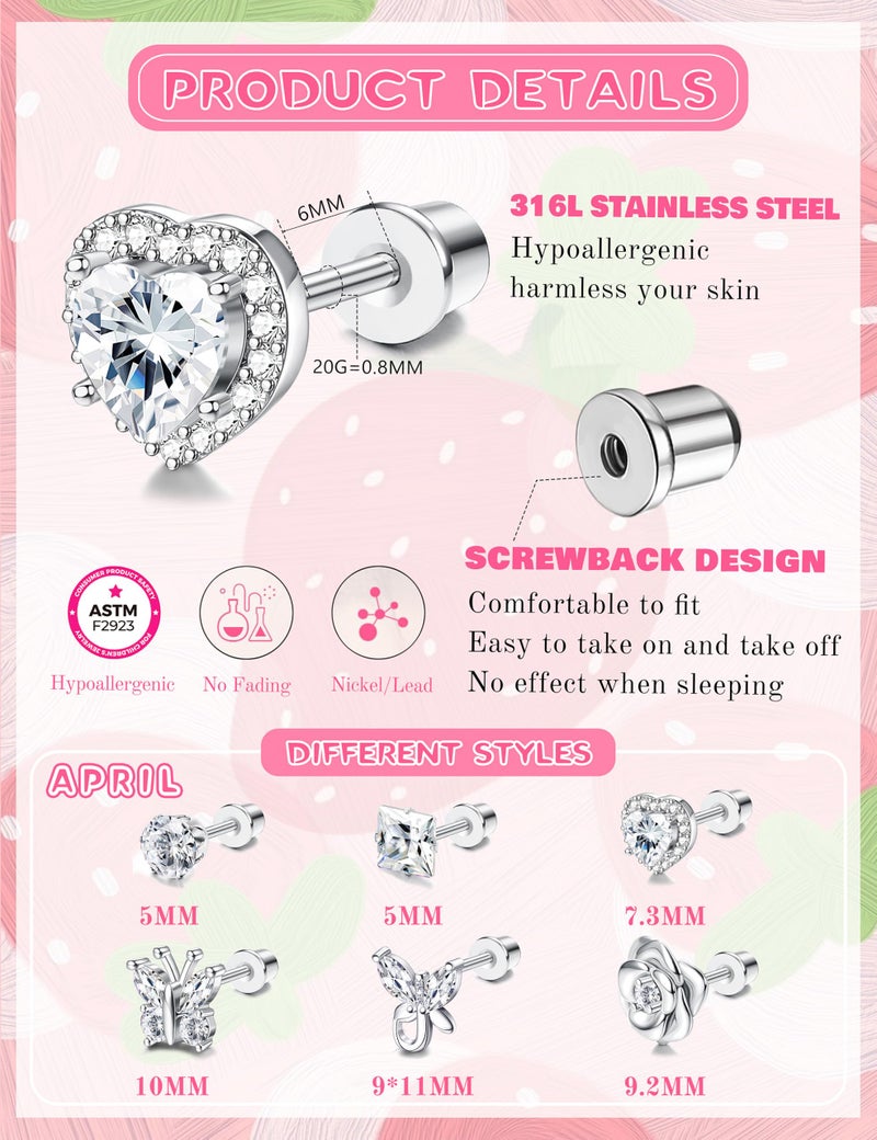 THUNARAZ Hypoallergenic Screw Back Earrings for Girls Women Surgical Stainless Steel Stud Earrings for Sensitive Ears Cute Butterfly Flower Heart CZ Earring Kid Toddler Girls Jewelry Gift 12 - Image 5
