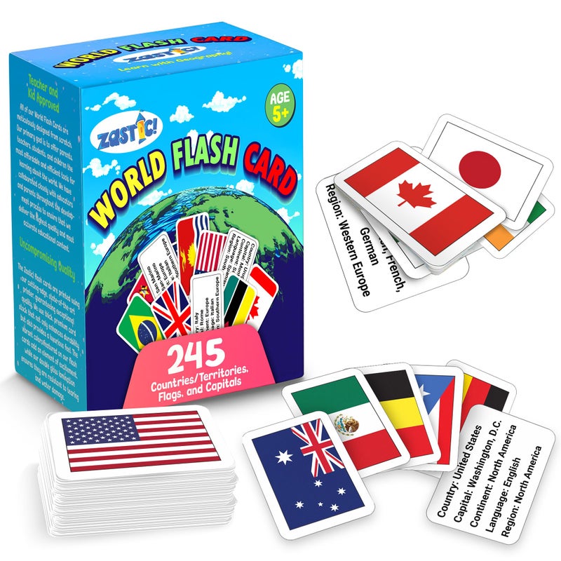 Zastic! World Flags Flashcards - 245 Country Flags, Capitals, Language, and Continents - Gloss Laminated - Country Flags of The World Flash Cards - Country Flash Cards - Geography Kids Flash Cards - Image 1
