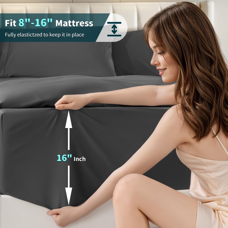 LBRO2M LBRO2M 100% Cotton 1200 Thread Count King Size Sheets Set 16 inches Deep Pocket Bed Sheet 4 Piece Sets (Black  King )  - Image 5