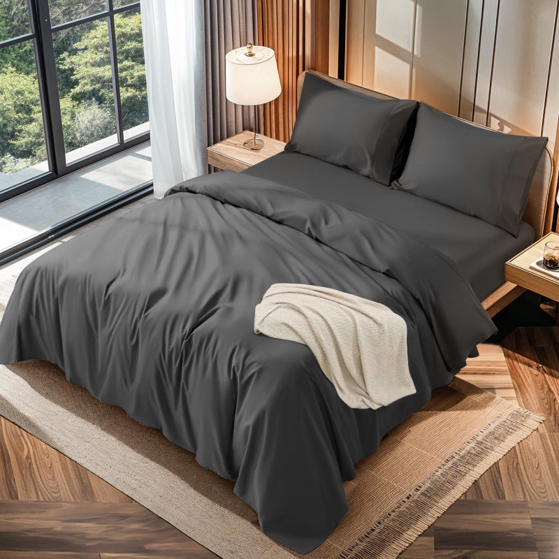 LBRO2M LBRO2M 100% Cotton 1200 Thread Count King Size Sheets Set 16 inches Deep Pocket Bed Sheet 4 Piece Sets (Black  King )  - Image 1