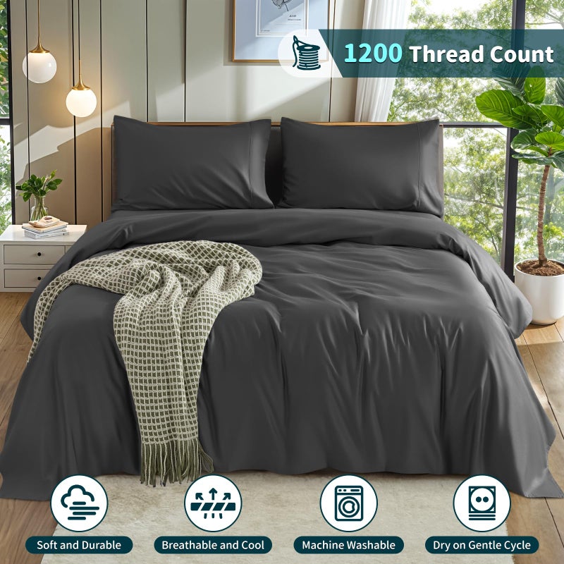 LBRO2M LBRO2M 100% Cotton 1200 Thread Count King Size Sheets Set 16 inches Deep Pocket Bed Sheet 4 Piece Sets (Black  King )  - Image 4